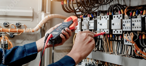 Electrician engineer uses a multimeter to test the electrical installation and power line current in an electrical system control cabinet.