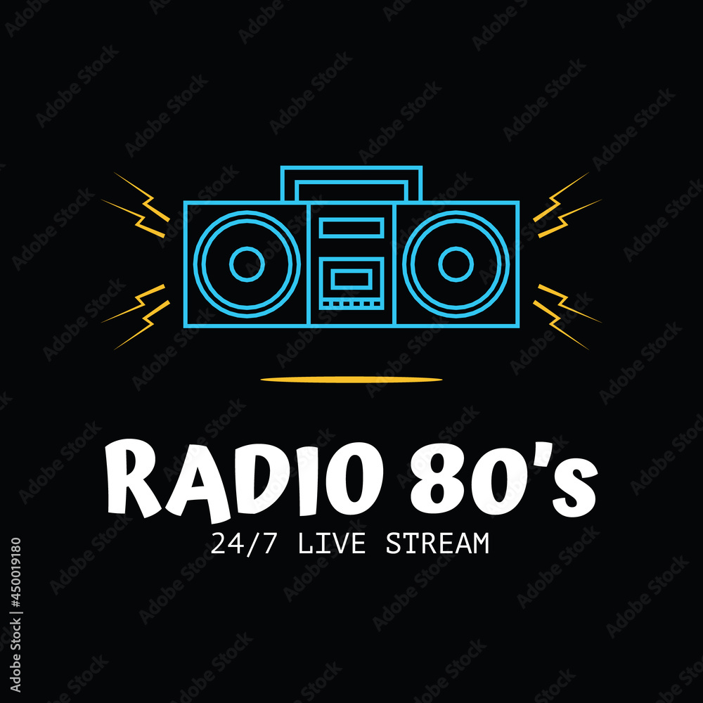 Radio show logo. Line art logo of a floating and louder tape recorder radio with double speakers, with ‘Radio 80’s’ logo text below and ’24/7 Live Stream’ as tagline lower. EPS8 file.