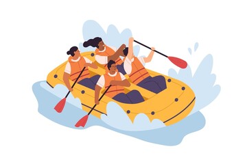 Wall Mural - Happy people rowing with paddles, swimming in inflatable boat in river. Team of diverse men and women during extreme water activity in lake. Flat vector illustration isolated on white background