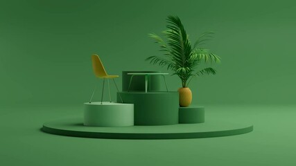 Poster - Animation of appear of the podium with chair and table. Clean fresh background with plant and pastel gamma. Minimal stage. 3d render.