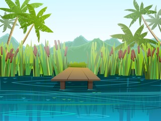 Pier for fishing on coast of river or lake. Wild pond. Summer landscape. Palm trees in a tropical climate. Water flow and shallow waves. Illustration vector.