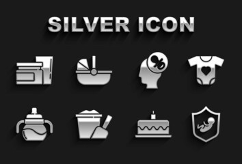 Sticker - Set Sand in bucket with shovel, Baby clothes, on shield, Cake burning candles, bottle, dummy pacifier, food and stroller icon. Vector