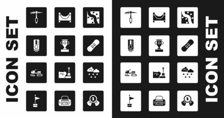 Sticker - Set Route location, Award cup, Meteorology thermometer, Ice axe, Snowboard, Skate park, Cloud with snow and Snowmobile icon. Vector