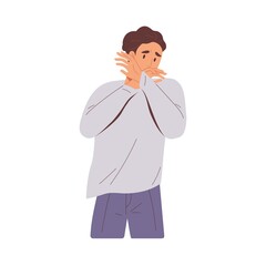 Sticker - Sad embarrassed man regretting smth. Upset miserable person feeling grief and sorrow. Disappointed human express emotions of sadness and despair. Flat vector illustration isolated on white background