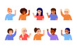 Happy girl kids waving hands hello. Smiling little children greeting, welcome or goodbye gesture. Young friends, elementary school students, kindergarten pupils girls. Vector flat illustration