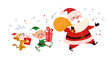 Funny cute Santa Claus character with bag full of presents, tiger and elf with gift box walk isolated. Vector flat cartoon illustration. For Christmas cards, banners, stickers, tags, patterns etc.