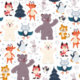 Fototapeta Dinusie - Seamless pattern with funny animals polar bear, penguin, owl, rabbit characters and fir trees isolated. For Christmas cards, invitations, packaging paper etc. Vector flat cartoon illustration.