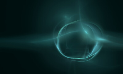 Wall Mural - Artistic digital illustration of glowing amorphous bubble in turquoise color with beams of radiance in dark space or in deep abyss of ocean. Great as design element, banner, background or cover.  