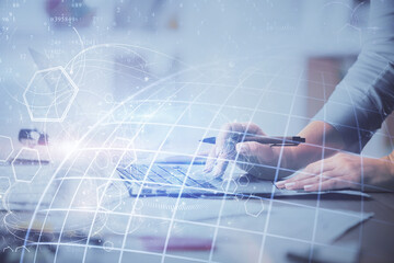 Poster - Double exposure of woman hands working on computer and world map hologram drawing. International technology business concept.