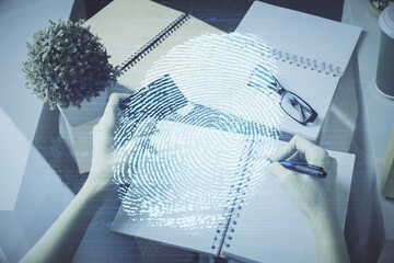 Aufkleber - Multi exposure of woman on-line shopping holding a credit card and finger print drawing. Security concept.