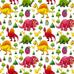 Wall Mural - Seamless pattern with various cute dinosaurs and nature element on white background