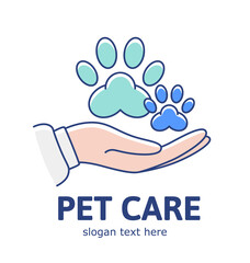 Wall Mural - Pet care logo design with hand and animal paw traces. 