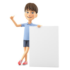 Wall Mural - Cartoon character smiling boy in a blue shirt is leaning against an empty board and showing his thumb in the branches. 3d render illustration.