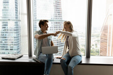 Happy Business Teammates, Office Friends, Buddies Giving Fist Bump At Panoramic Window, Expressing Respect, Celebrating Team Success, Teamwork Achievement, Good Job Result, Accomplished Project