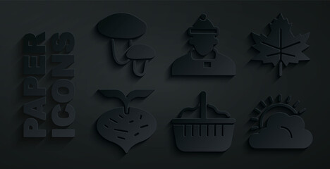 Sticker - Set Basket, Leaf or leaves, Beet, Sun and cloud weather, Autumn clothes and Mushroom icon. Vector