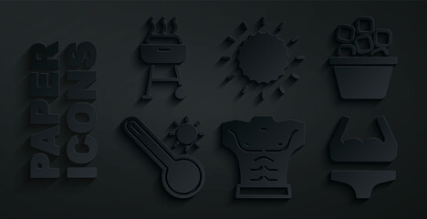 Sticker - Set Bodybuilder muscle, Ice bucket, Meteorology thermometer, Swimsuit, Sun and Barbecue grill icon. Vector