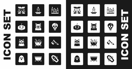 Poster - Set Burning candle, Cat, Pumpkin, Witch, Skull, Wooden axe and Owl bird icon. Vector