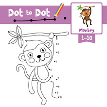 Dot To Dot Educational Game And Coloring Book Cute Monkey Animal Cartoon Character Vector Illustration