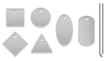 Poster - Grey price or label metal badges and chain mockup template set. Blank cards for gifts or sales of different shapes vector illustration: round, rectangle, square on white background