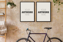 Interior Design Of Living Room With Two Black Poster Mock Up Frames, Bike And Potted Plants. Grunge Wabi Sabi Wall. Stylish Hipster Home Decor. Template.