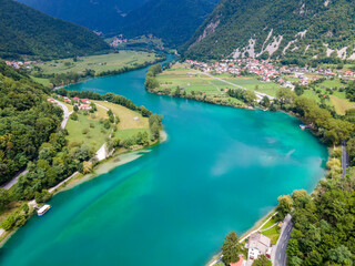 Canvas Print - Turquoise Water in Soca River near Tolmin in Slovenia Drone View