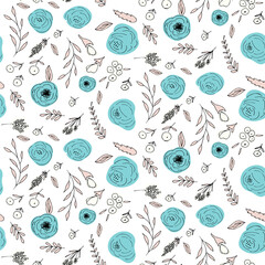Poster - Floral vector seamless pattern with  flowers and leaves. Beautiful hand drawn flowers in  light pastel colors in vintage style.