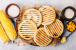  Top view of arepas made with corn flour, Latin American food concept