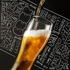 Close-up big glass with light lager cold beer isolated on black and white lettering background. Concept of holdays, drinks, octoberfest. Design for ad, poster, banner