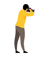 Poster - Male video operator semi flat color vector character. Cameraman figure. Full body person on white. Capturing footage isolated modern cartoon style illustration for graphic design and animation