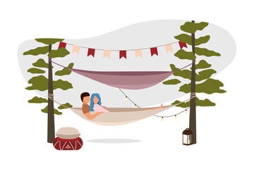 Poster - romantic weekend outdoor 2d vector isolated illustration. couple relaxing in camping hammock flat ch