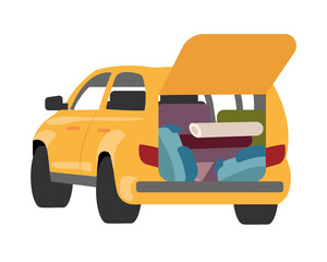 Poster - Packing car for camping semi flat color vector object. Full sized item on white. Preparation for outdoor adventure isolated modern cartoon style illustration for graphic design and animation