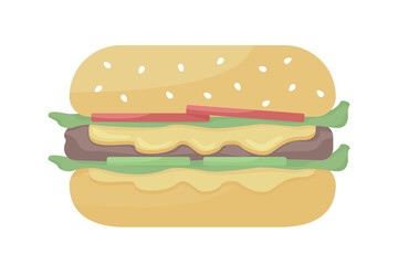Poster - Cheeseburger semi flat color vector object. Full sized item on white. Eating fast food. Beef burger topped with cheese isolated modern cartoon style illustration for graphic design and animation