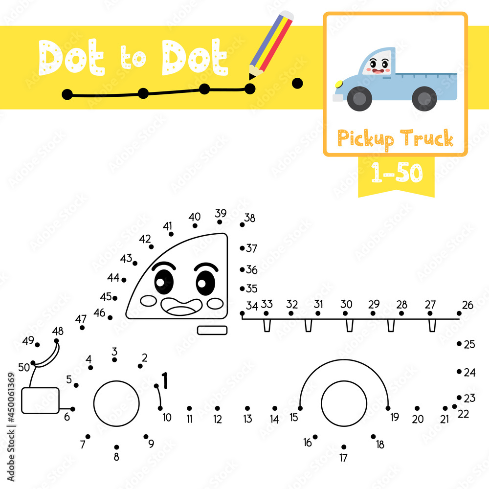 Dot to dot educational game and Coloring book Pickup Truck cartoon ...