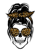 Beautiful Woman Skull With Aviator Sunglasses And Cheetah Print Bandana. Lady Mom Skull With Messy Bun, Getting Stuff Done. Sugar Skull With Leopard Pattern. Fashion Illustration For Halloween T Shirt
