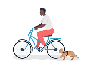 Man walks dog on bicycle semi flat color vector character. Full body person on white. Pet running alongside bike isolated modern cartoon style illustration for graphic design and animation