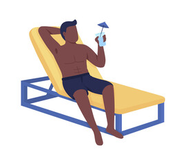 Poster - Man in lounger drinks cocktail semi flat color vector character. Full body person on white. Relaxing on beach isolated modern cartoon style illustration for graphic design and animation