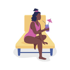 Poster - Young lady with tropical beverage semi flat color vector character. Full body person on white. Backyard recreation isolated modern cartoon style illustration for graphic design and animation