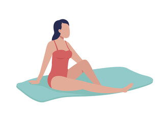 Wall Mural - Young woman sunbathing on beach semi flat color vector character. Posing figure. Full body person on white. Taking sunbath isolated modern cartoon style illustration for graphic design and animation