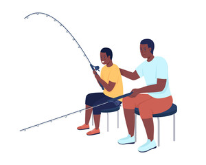 Poster - dad teaches son fishing semi flat color vector characters. full body people on white. outdoor family