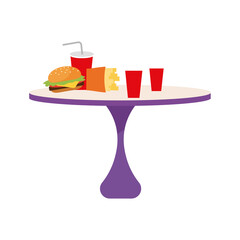 Poster - Table with junk food semi flat color vector object. Full sized item on white. Hamburger, french fries and carbonated drinks isolated modern cartoon style illustration for graphic design and animation