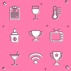 Sticker - Set Clinical record, Wine glass, Thermometer, Information desk, Trophy cup and Television tv icon. Vector