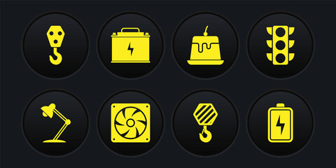 Sticker - Set Table lamp, Traffic light, Computer cooler, Industrial hook, Pudding custard and Car battery icon. Vector