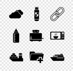 Poster - Set Cloud, USB flash drive and shield, Chain link, Cargo ship, Add new folder and Ship icon. Vector