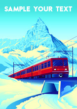 Winter Travel Poster With Railway Train In First Plan And Mountain In The Background. Handmade Drawing Vector Illustration. Pop Art Vintage Style.