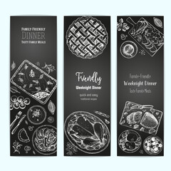 Family dinner banner set, vector illustration. Friendly dinner table. Food menu. Engraved style banner collection. Hand drawn sketch, design template.