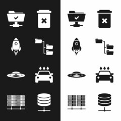 Sticker - Set Folder tree, Rocket ship with fire, FTP operation successful, Trash can, UFO flying spaceship and Car wash icon. Vector