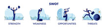 SWOT Business Illustrations - Collection Of Businesspeople With Strength, Weakness, Opportunities And Threats Concepts. Vector On White Background