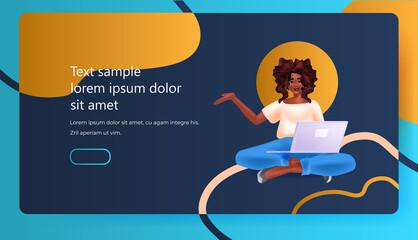 Poster - woman using laptop social media network online communication concept full length