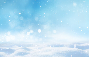 Poster - Beautiful light winter snowy background with snowdrifts, sparkling snowflakes, falling small flakes snow with turquoise and blue and white background.