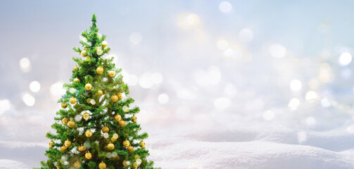 Poster - Beautiful Festive Christmas light snowy background. Christmas tree decorated with gold balls in forest in snowdrift with beautiful christmas lights outdoors, banner format.